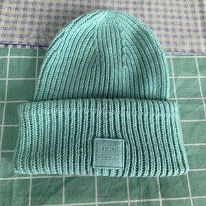 Teal Leather Face Logo Ribbed Wool Hat